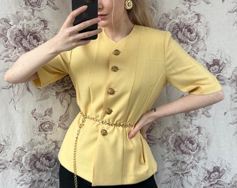 blazer vintage en laine jaune à manches courtes, veste pour femme élégante et chic