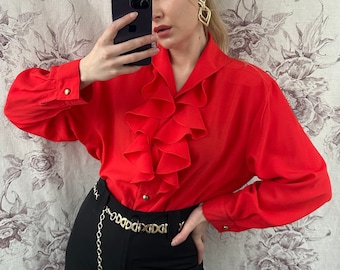 Vintage red ruffle blouse, elegant 90s women’s shirt