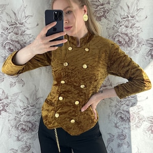 Vintage petite velvet mustard yellow blazer, elegant and classy double breasted golden button jacket