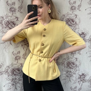 Vintage yellow wool blazer with short sleeves, elegant and classy womens jacket image 1