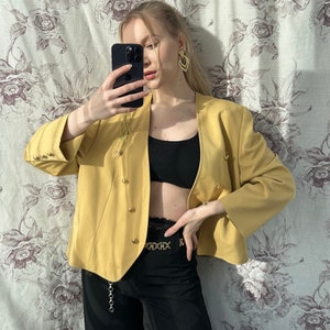 Vintage yellow blazer with golden buttons, classy 90s women’s jacket