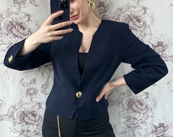 Vintage navy blauer Blazer, elegante Wolljacke mit goldenen Knöpfen