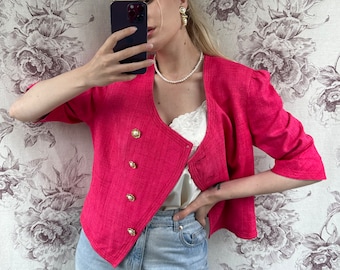 Vintage barbiecore pink silk blazer, feminine jacket with unique floral shape buttons