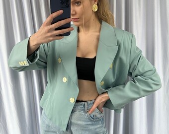 Vintage vert menthe couleur blazer court, élégante veste pour femme en laine