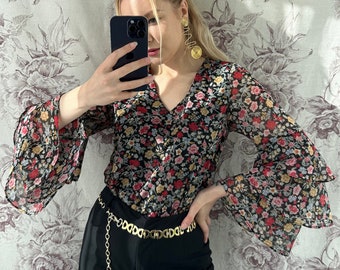 Vintage black chiffon blouse with ruffle sleeves, elegant women’s blouse with red, pink and yellow floral print