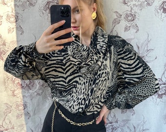 Vintage animal print blouse, shawl collar elegant blouse, black and white leopard tiger print blouse