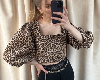 Vintage style handmade leopard cropped top with puffed sleeves