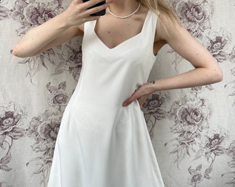 Vintage white midi dress, feminine and romantic sleeveless dress with open back detail