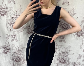 Vestido vintage azul marino, vestido sin mangas midi de terciopelo