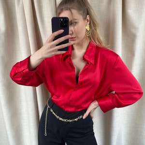 Vintage Red Satin Blouse Feminine Women's Shirt -