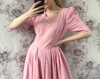 maxi robe d'été rose vintage, robe féminine en coton avec manches courtes bouffantes et poches