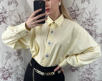 Vintage light yellow cotton shirt, embroidered oversized women’s blouse