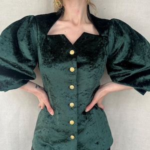Handmade vintage style emerald green velvet blazer with puffed sleeves, elegant jacket top with unique and timeless neckline
