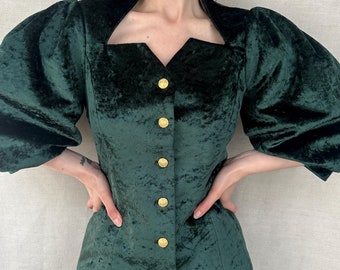 Handmade vintage style emerald green velvet blazer with puffed sleeves, elegant jacket top with unique and timeless neckline