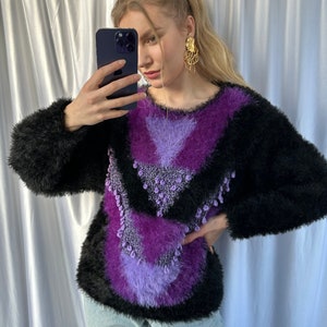 Vintage purple wool fluffy oversized sweater, retro abstract jumper