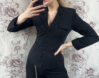 Petite veste ajustée noire vintage, veste pour femme élégante avec poches