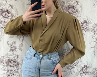 Vintage khaki green double breasted blouse, elegantly women’s shirt with puffed sleeves