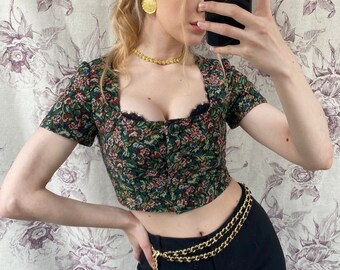 Vintage style handmade tapestry cropped top with floral print