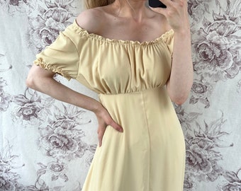 Vintage pale yellow maxi dress, summer off shoulder dress