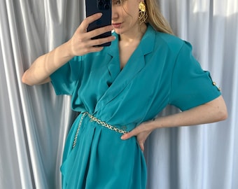 Robe midi vintage couleur turquoise, élégante robe ceinturée grande taille avec manches courtes