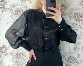 Vintage durchsichtig oversized Bluse, elegantes schiere Shirt mit Satin Details