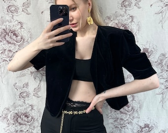 Vintage black velvet bolero jacket, elegant women’s short jacket with puffed short sleeves