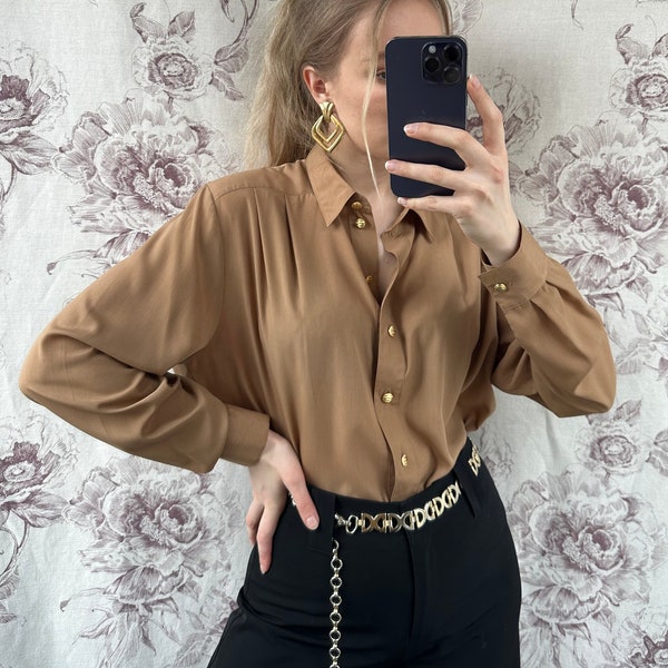 Vintage brown blouse with golden buttons, elegant women’s long sleeve shirt