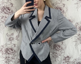 Blazer vintage azul marino y blanco, adorno elegante chaqueta de mujer