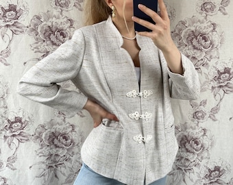 Blazer vintage in lino bianco, giacca da donna di classe retrò