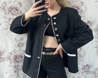 Vintage black linen blazer with different unique buttons, oversized women’s jacket