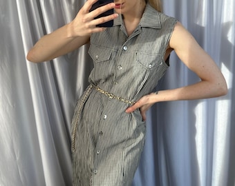 Vintage black and white sleeveless dress, women's mid check dress
