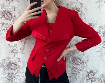 blazer rouge vintage des années 70, veste élégante et chic avec des détails en satin