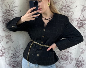 Vintage svartrutig kavaj, elegant tweedjacka med lurex