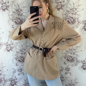 Vintage beige brown blazer with pockets, unique and elegant women’s jacket