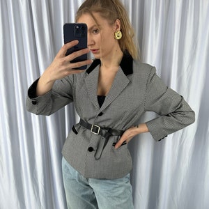 Vintage houndstooth black and white blazer, velvet elegant jacket