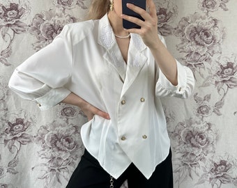 Vintage cream white double breasted blouse, feminine shirt with lace collar