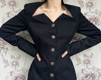 Blazer negro estilo vintage hecho a mano con mangas acampanadas, chaqueta elegante con escote único y atemporal