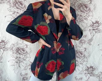 Blazer vintage azul marino con rosas rojas, elegante chaqueta floral de mujer