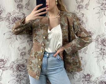 Vintage retro blazer met droge rozenprint, linnen damesjas met bloemen