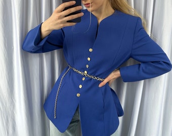 Blazer blu vintage, elegante giacca da donna di classe con bottoni dorati