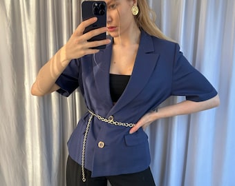 Blazer vintage blu navy, elegante giacca da donna a maniche corte