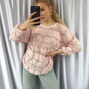 Vintage pale pink crochet sweater, feminine see through knitted jumper