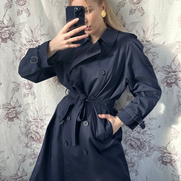 Trench-coat ceinturé bleu marine vintage, manteau pour femme d'automne à taille nouée