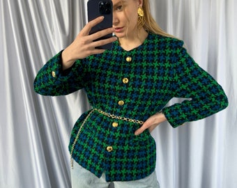 Blazer vintage de un solo pecho verde y azul, elegante chaqueta de mujer con clase con botones dorados