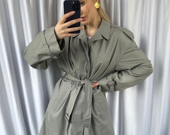 Vintage Grauer Trenchcoat mit Gürtel, Unisex Herbst / Frühlingsmantel