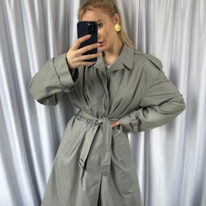 Vintage grey belted trench coat, unisex tie waist autumn/spring coat