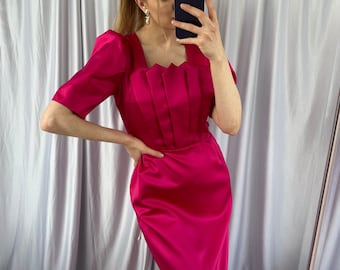 Vintage pink satin midi dress with puff sleeves, elegant feminine dress with square neckline