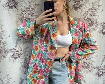 Blazer vintage in cotone con stampa floreale oversize, giacca doppiopetto femminile rosa e verde