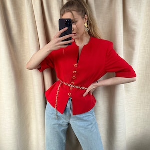 Blazer vintage in lana rossa, elegante giacca da donna con maniche corte