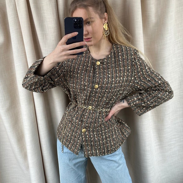 Vintage brauner Tweed-Blazer, elegante Damenjacke mit goldenen Knöpfen